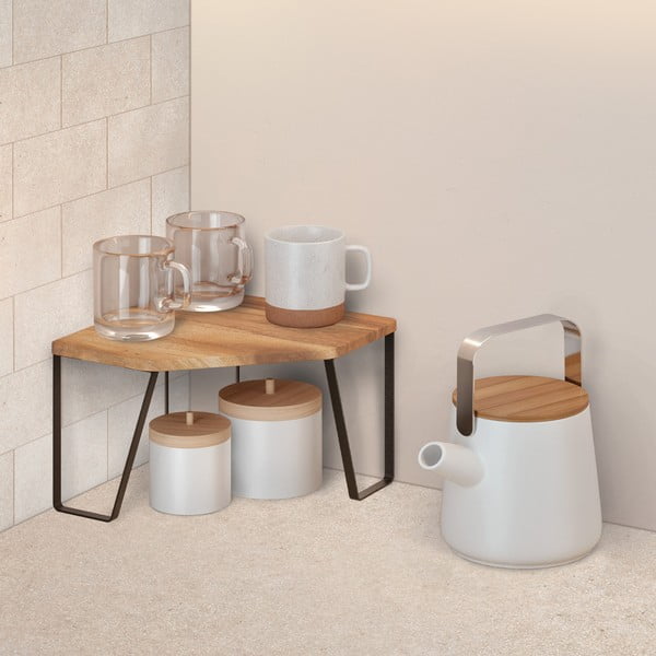 Mat črna/naravna lesena kotna dodatna kuhinjska polica 25x25 cm York – Metaltex-image-1