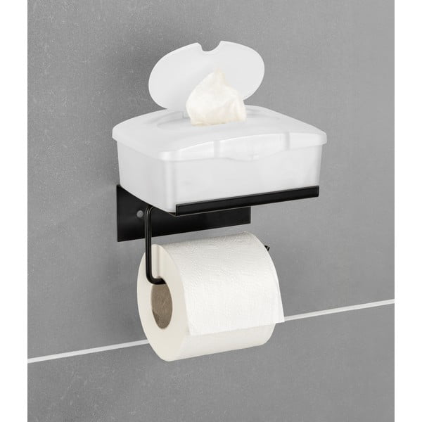 Črno kovinsko držalo za toaletni papir z namestitvijo brez vrtanja in s polico Desulo – Wenko-image-1