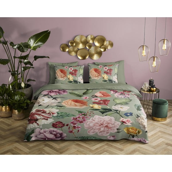 Zelena podaljšana posteljnina za zakonsko posteljo iz bombažnega satena 200x220 cm Fiori – Descanso-image-1