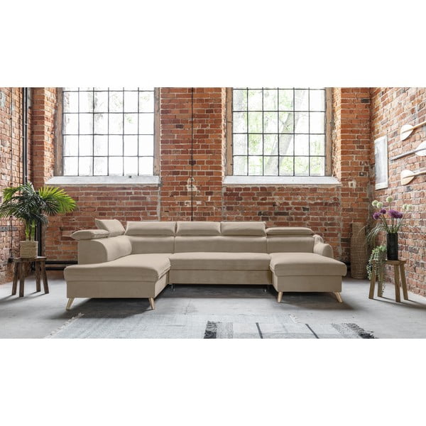 Bež žametna raztegljiva kotna sedežna garnitura (levi kot/v obliki črke "U") Sweet Harmony – Miuform-image-1