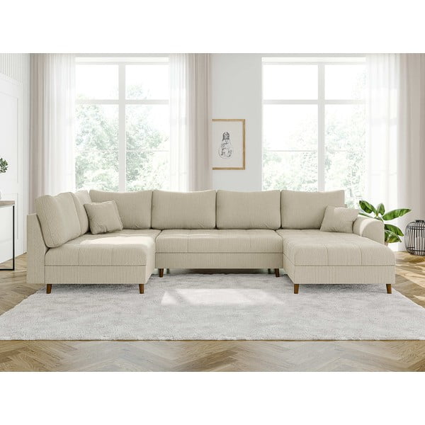 Kremno bela kotna sedežna garnitura iz rebrastega žameta (desni kot/v obliki črke "U") Ariella – Ropez-image-1