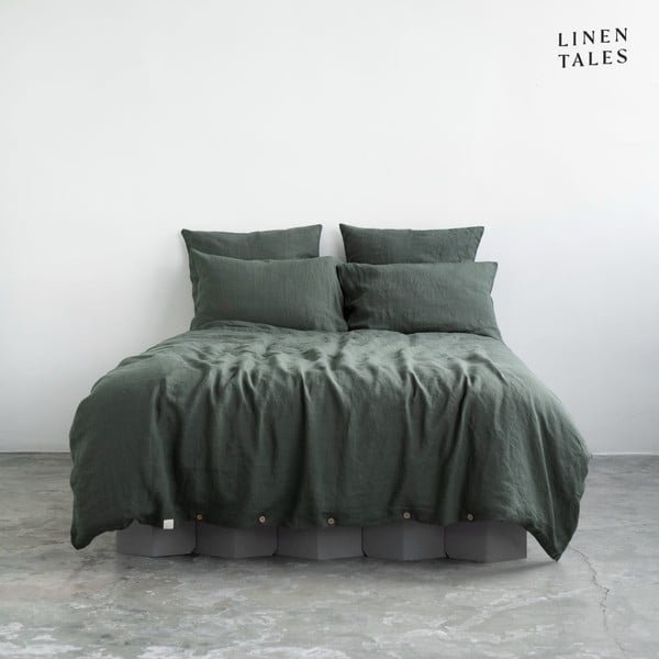 Temno zelena podaljšana lanena posteljnina za zakonsko posteljo 200x220 cm – Linen Tales
