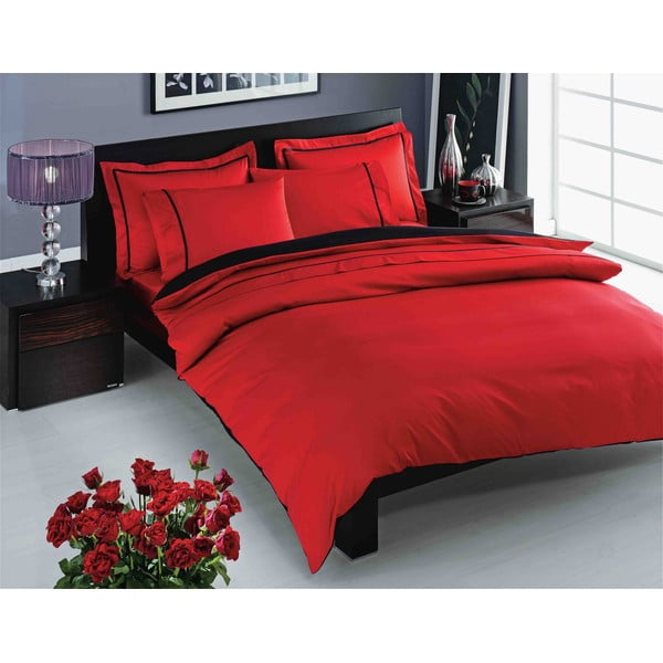 Rdeče bombažno satenasto posteljno perilo z rjuho za zakonsko posteljo Prestige Red, 200 x 220 cm
