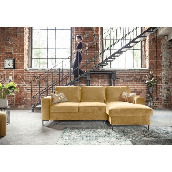 Gorčično rumena žametna kotna raztegljiva sedežna garnitura Miuform Lofty Lilly, desni kot-image-1