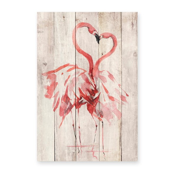 Stenska dekoracija iz borovega lesa Madre Selva Love Flamingo, 60 x 40 cm