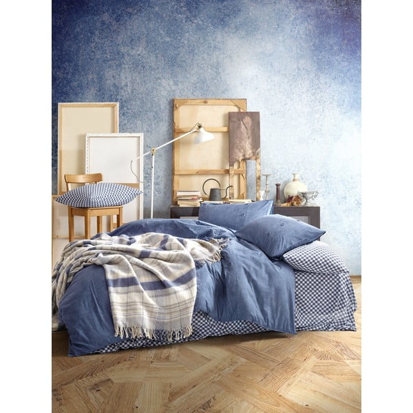 Temno modra posteljnina z rjuho in pregrinjalom Cotton Box Denim, 200 x 220 cm