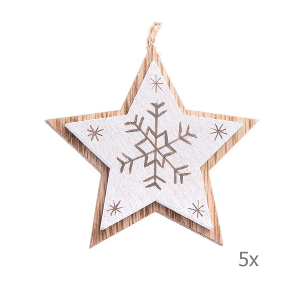 Komplet 5 beliih lesenih visečih okraskov v obliki zvezde Dakls, dolžine 7,5 cm