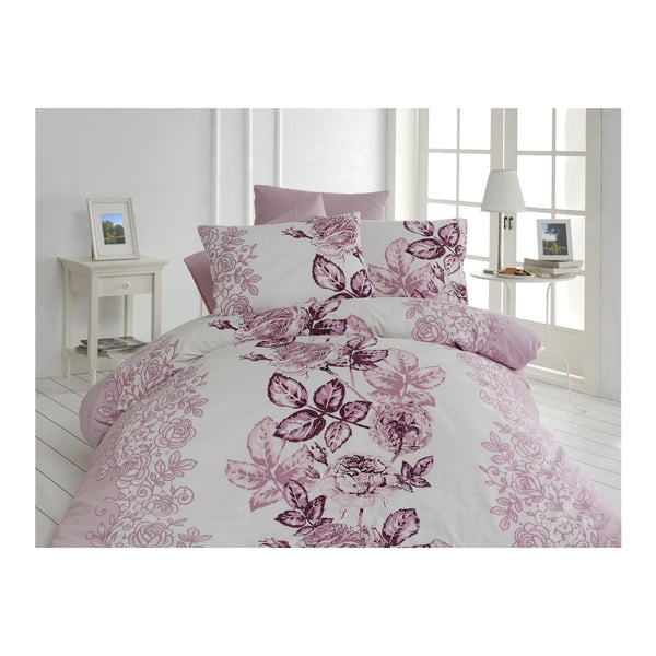 Vijolična in bela bombažna posteljnina z rjuho za zakonsko posteljo Lamer, 200 x 220 cm