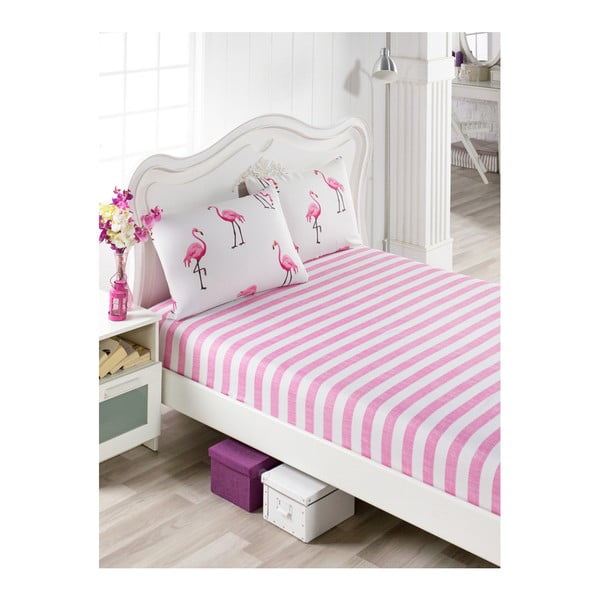 Komplet roza rjuhe in 2 prevleki za vzglavnik za zakonsko posteljo Flamingos, 160 x 200 cm