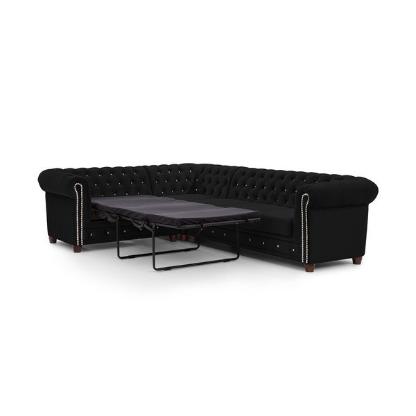 Črna žametna raztegljiva kotna sedežna garnitura (levi kot/v obliki črke L) York Blik – Ropez-image-2