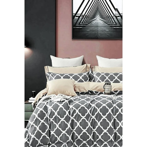 Siva/bež podaljšana bombažna posteljnina za zakonsko posteljo z rjuho 200x220 cm Geometric – Mila Home