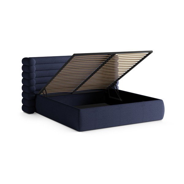 Modra oblazinjena zakonska postelja s prostorom za shranjevanje in z letvenim dnom 160x200 cm Mount – Micadoni -image-2