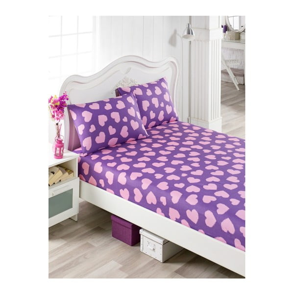 Mulena Punteja enojna posteljnina in 2 vzglavnika iz bombaža, vijolična in roza, 100 x 200 cm