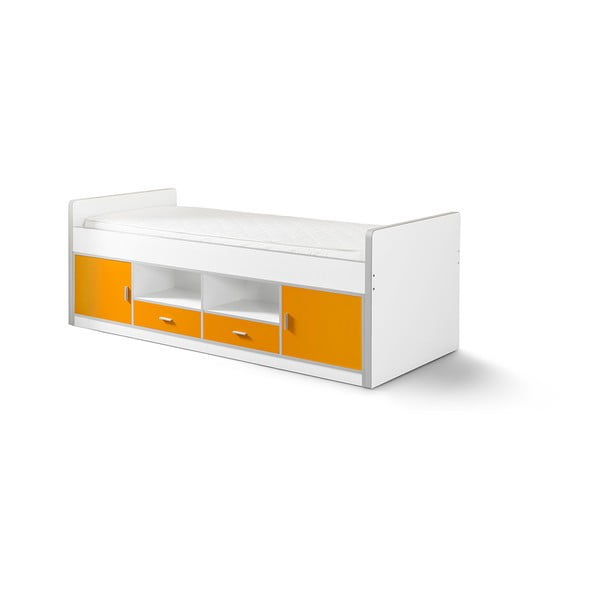 Bela in oranžna otroška postelja Vipack Bonny s prostorom za shranjevanje, 200 x 90 cm