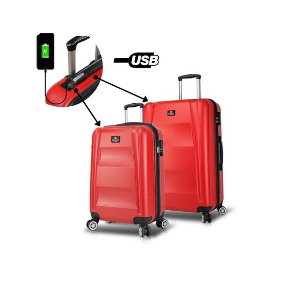 Komplet 2 rdečih potovalnih kovčkov na kolesih z vrati USB My Valice LASSO Cabin & Medium-image-1