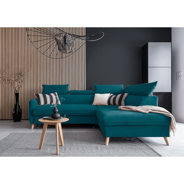 Turkizna žametna raztegljiva kotna sedežna garnitura (desni kot) Sweet Harmony – Miuform-image-1