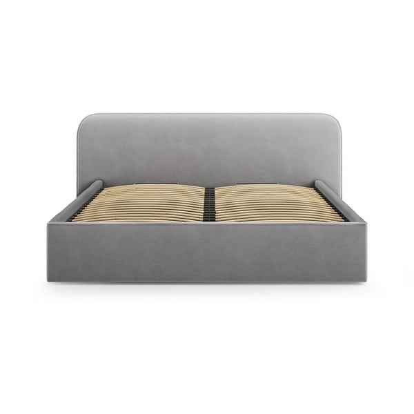 Svetlo siva oblazinjena zakonska postelja s prostorom za shranjevanje in z letvenim dnom 200x200 cm Elizabeth – Micadoni -image-4