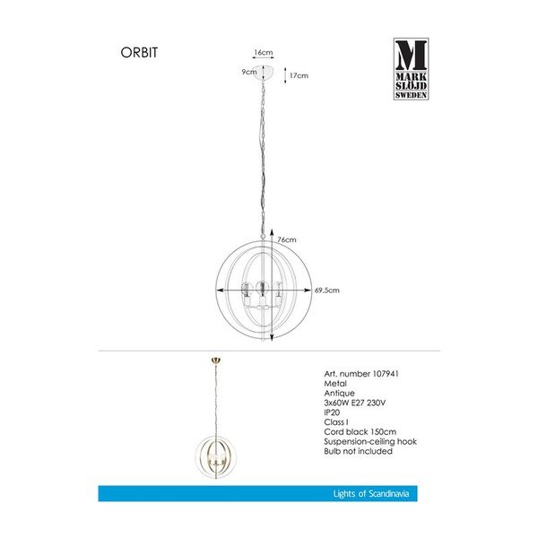 Viseča svetilka Markslöjd Orbit Pendant Antique 3L-image-2