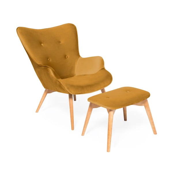 Gorčično rumen fotelj in podnožje z osnovo iz naravnega žameta Vivonita Cora