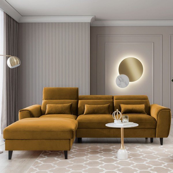Rumena žametna raztegljiva/s prostorom za shranjevanje kotna sedežna garnitura (levi kot/z ležalnikom) Foble – ELTAP-image-1