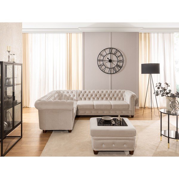 Bež žametna raztegljiva kotna sedežna garnitura (levi kot/v obliki črke L) York Blik – Ropez-image-4