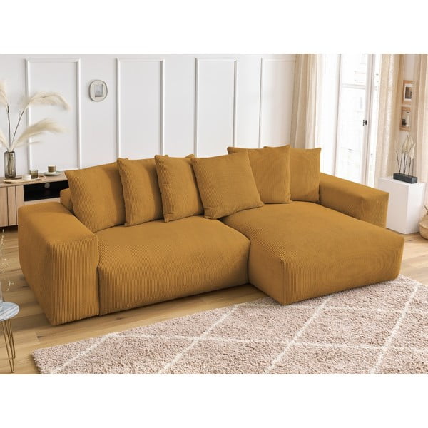 Gorčično rumena raztegljiva/s prostorom za shranjevanje kotna sedežna garnitura iz rebrastega žameta Voltaire – Bobochic Paris-image-4