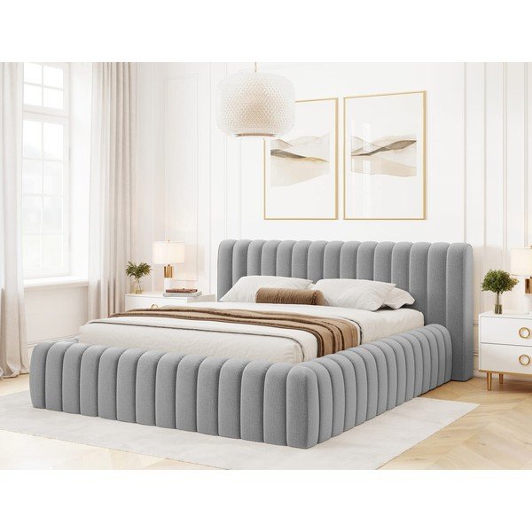 Svetlo siva oblazinjena zakonska postelja s prostorom za shranjevanje in z letvenim dnom 140x200 cm Carilla – ELTAP-image-1