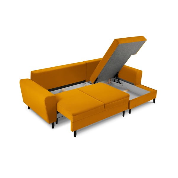 Gorčično rumena raztegljiva kotna sedežna garnitura s prostorom za shranjevanje iz rebrastega žameta (desni kot/z ležalnikom) Kyoto – Cosmopolitan Design-image-3