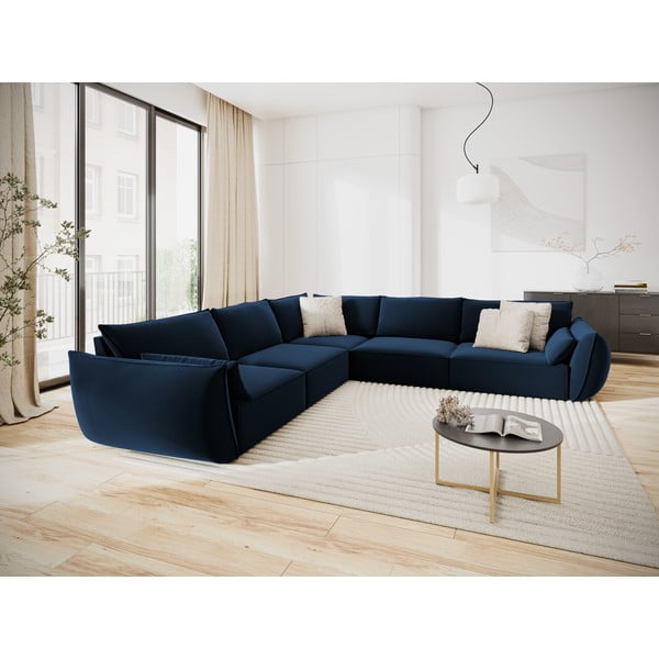 Temno modra žametna kotna sedežna garnitura Vanda – Mazzini Sofas-image-1
