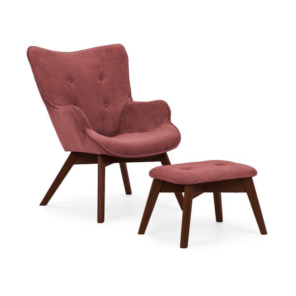 Rdeč fotelj z naslonjalom za noge iz rebrastega žameta Niko – Ropez