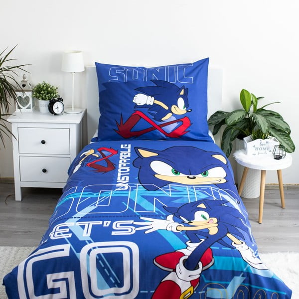 Modra enojna bombažna otroška posteljnina 140x200 cm Sonic "Let´s go" – Jerry Fabrics-image-1