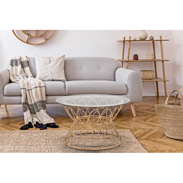 Okrogla mizica s stekleno ploščo v naravni barvi ø 75 cm Panama - Mauro Ferretti-image-1