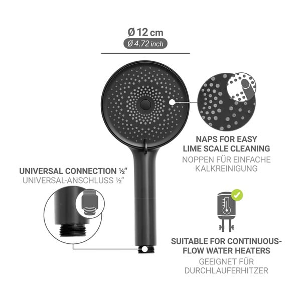 Mat črna plastična tuš ročka ø 12 cm Softwater – Wenko-image-3