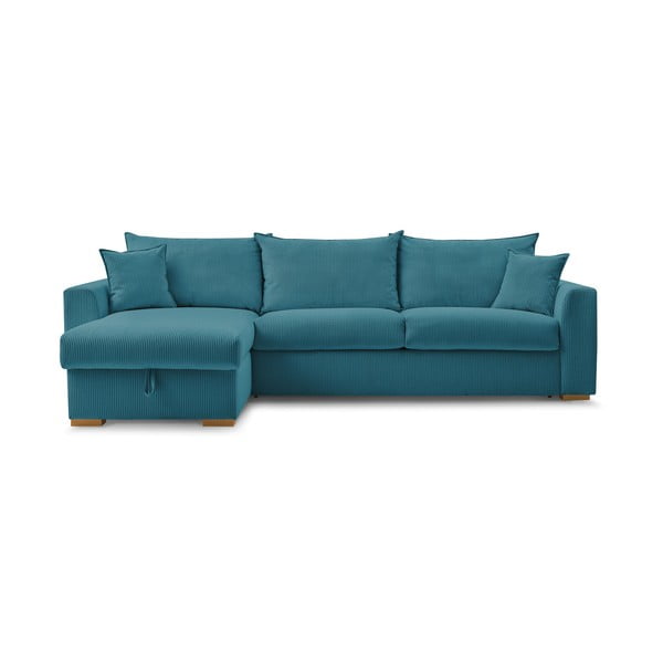 Modra raztegljiva kotna sedežna garnitura iz rebrastega žameta (s kotom po izbiri) Augustin – Bobochic Paris