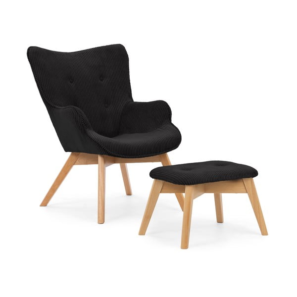 Črn fotelj z naslonjalom za noge iz rebrastega žameta Niko – Ropez