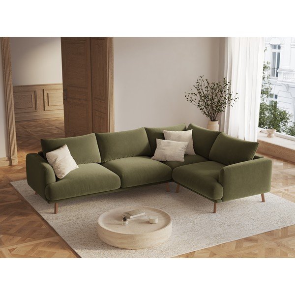 Zelena žametna kotna sedežna garnitura (desni kot/v obliki črke L) Naomi – Micadoni -image-1