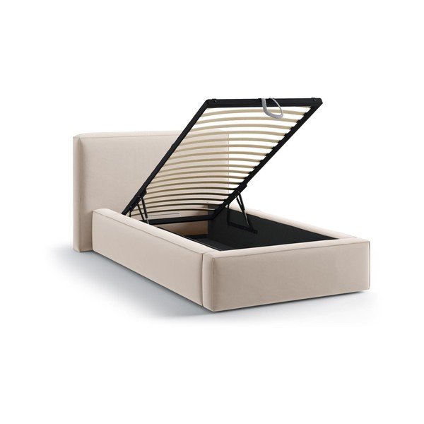 Bež oblazinjena postelja s prostorom za shranjevanje in z letvenim dnom 90x200 cm Jodie – Micadoni -image-1