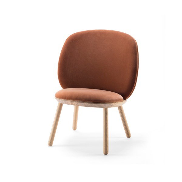 Terakota oranžen žameten fotelj s strukturo iz jesenovega lesa in usnjenimi detajli EMKO Naïve-image-4