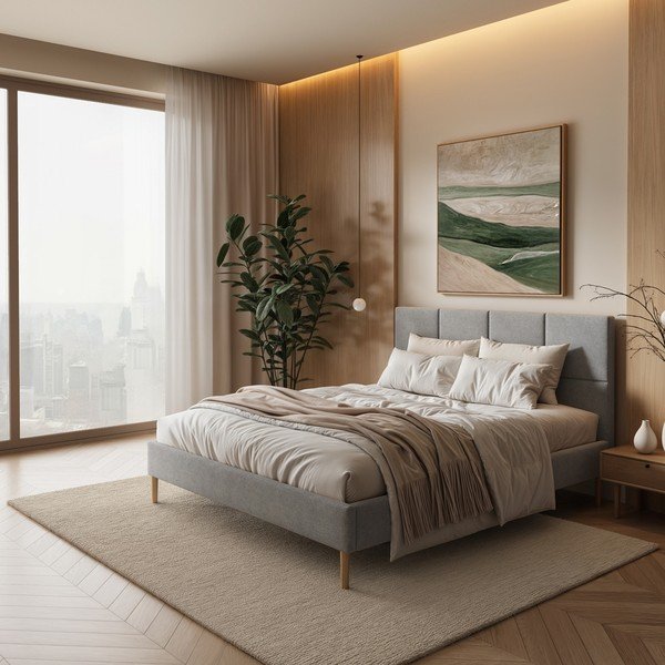 Siva oblazinjena zakonska postelja z letvenim dnom 160x200 cm Alano – MESONICA-image-1