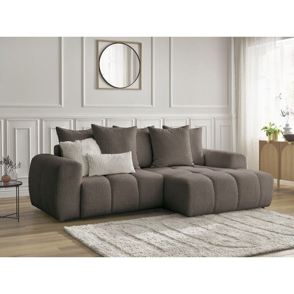 Rjava raztegljiva kotna sedežna garnitura iz tkanine bouclé s prostorom za shranjevanje (desni kot/z ležalnikom) Roxelane – Bobochic Paris-image-3