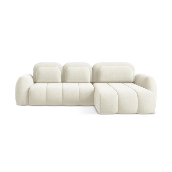 Bež raztegljiva kotna sedežna garnitura iz tkanine bouclé s prostorom za shranjevanje (desni kot/z ležalnikom) Pele – Makamii