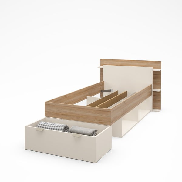 Bela/naravna postelja v hrastovem dekorju s prostorom za shranjevanje brez letvenega dna 90x200 cm Albo – Marckeric-image-4