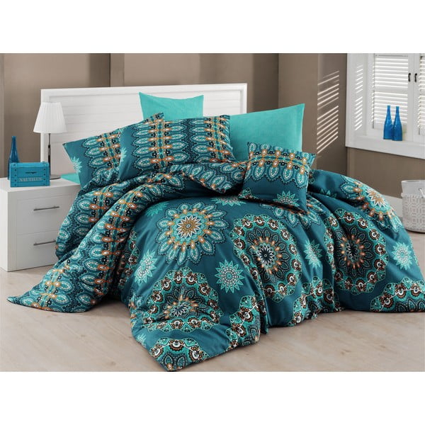 Turkizna posteljnina z rjuho za zakonsko posteljo Nazenin Home Hula Turquoise, 200 x 220 cm