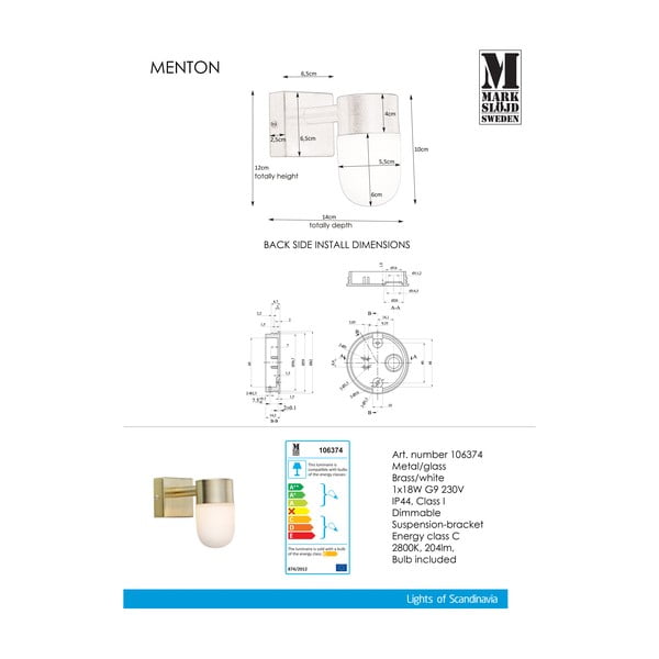 Bela/v zlati barvi stenska svetilka Menton – Markslöjd-image-2