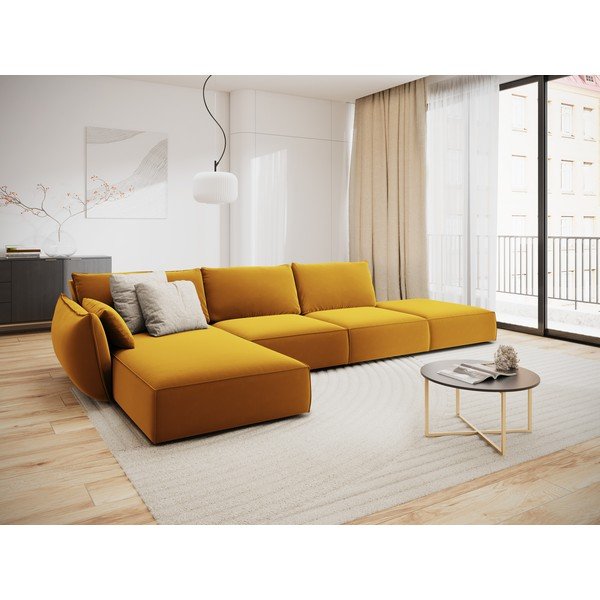 Gorčično rumena žametna kotna sedežna garnitura z ležalnikom (levi kot) Vanda – Mazzini Sofas-image-1