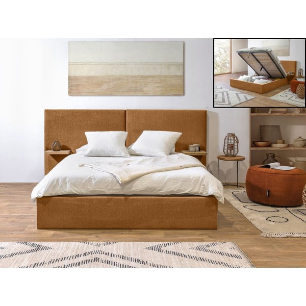Oker rumena oblazinjena zakonska postelja s prostorom za shranjevanje z letvenim dnom 160x200 cm Blandine – Bobochic Paris-image-1