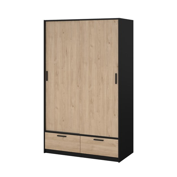Črna/naravna garderobna omara v hrastovem dekorju z drsnimi vrati 121x200 cm Line – Tvilum
