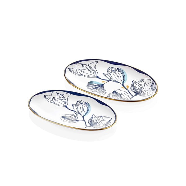Komplet 2 beliih porcelanastih krožnikov z modrimi cvetovi Mia Bleu-image-2