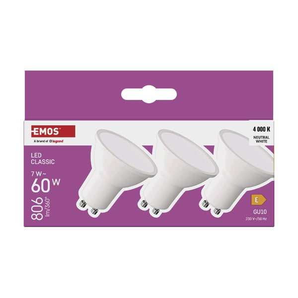 Nevtralne LED žarnice v kompletu 3 ks z žarnico GU10, 7 W – EMOS-image-1