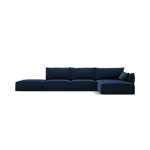 Temno modra žametna kotna sedežna garnitura z ležalnikom (desni kot) Vanda – Mazzini Sofas